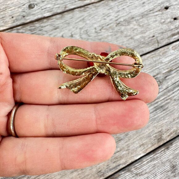 Vintage Jewelry Gold Tone Bow Brooch With Rose Ribbon Brooch with Rose Pin - Picture 2 of 2